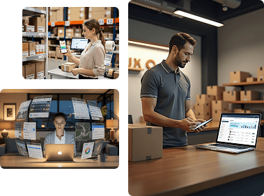 Commerce teams using technology in warehouse and digital environments