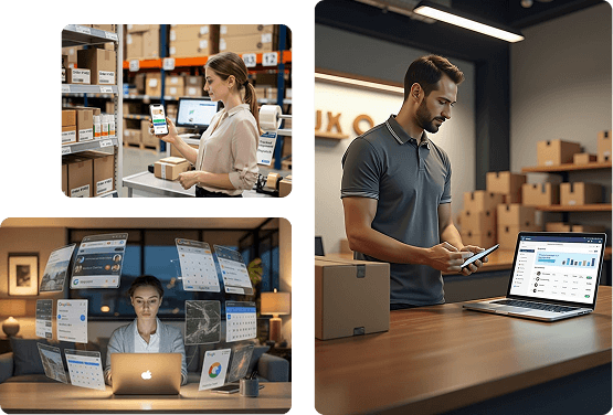 Commerce teams using technology in warehouse and digital environments